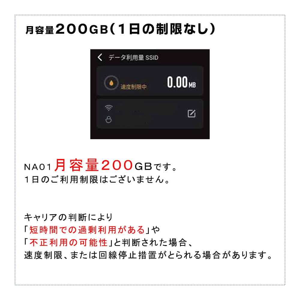 NA01月容量200GBで1日の通信制限なし