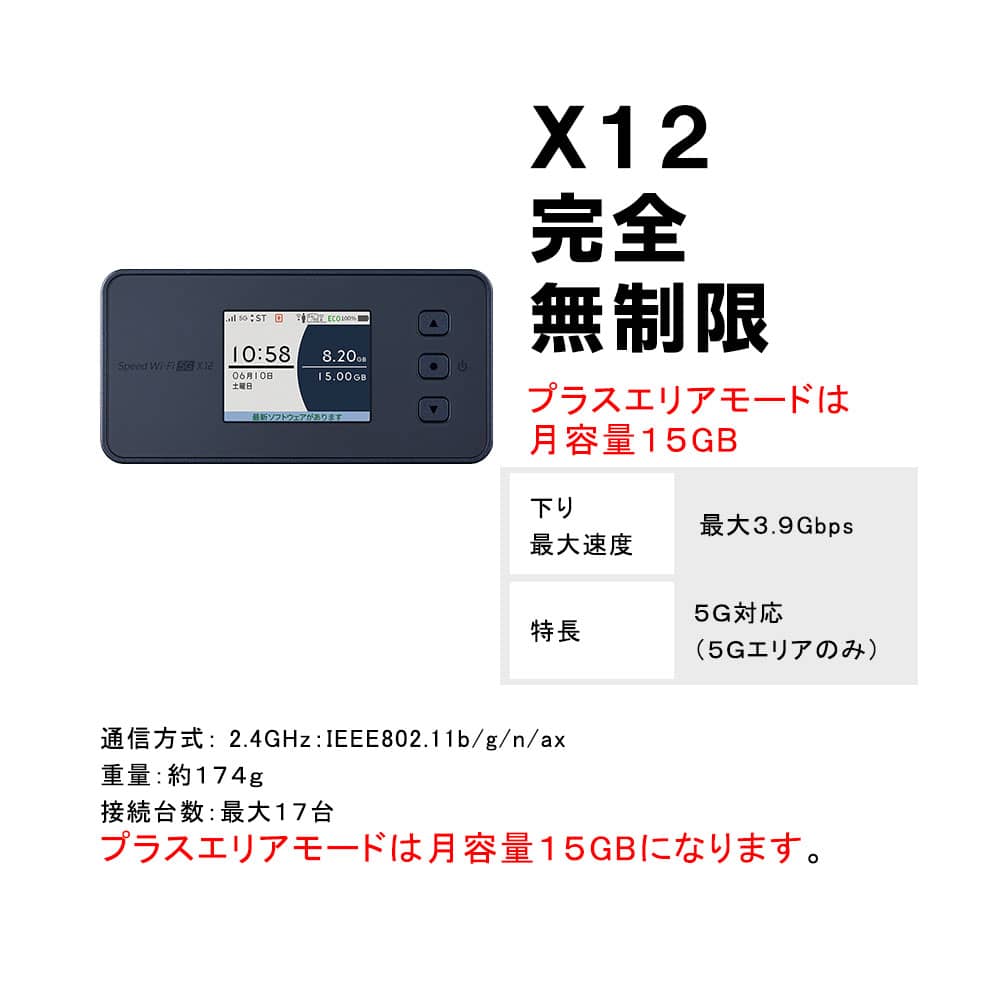 完全無制限モバイルWiFiルーターX12,スペック